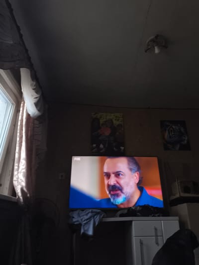 The image depicts an indoor scene in what appears to be a living room. A television is on, displaying a close-up of a man with a beard and blue-tinted facial hair, wearing a blue shirt. He is the primary subject on the screen. The room is dimly lit, with light filtering in from a window on the left, partially obscured by curtains. On the wall, there are two framed pictures: one is a portrait of a family, and the other is a drawing of a tiger. A ceiling light fixture is visible. A fan is positioned near the window. In the foreground, a dark-colored object, possibly a dog, is partially visible. The overall environment suggests a domestic setting. The location is identified as Chuhuiv, Ukraine.