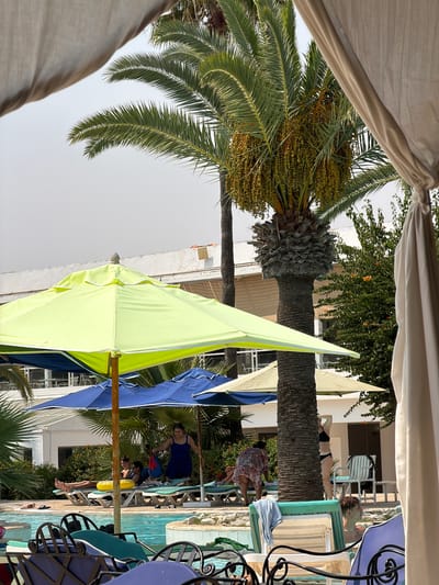 This image depicts a poolside scene in Sousse, Tunisia. In the foreground, parts of white and beige canopies are visible, partially obscuring the view. A bright lime green umbrella dominates the mid-left of the frame, with a blue umbrella underneath it. Behind these, several people are visible lounging on chairs by a swimming pool. A woman in a blue dress stands near the pool, holding a blue bag. A palm tree with hanging dates stands prominently in the center of the image, with its fronds extending upwards and outwards. Other palm trees and lush green foliage are also present, suggesting a warm, tropical environment. In the background, a white building with multiple levels and windows is visible. The sky is overcast.