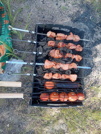 This is a top-down, eye-level, medium shot image of a barbeque in progress. The scene takes place outdoors on the ground, which is composed of sand, small stones, and dry grass. In the center of the frame is a black metal barbeque pit filled with glowing charcoal. There are five metal skewers loaded with pieces of raw meat cooking over the coals. The meat appears to be pork, cut into bite-sized pieces and skewered sequentially. Above the meat skewers, a black wire rack holds an eggplant and several sliced tomatoes that are also cooking on the grill. The overall impression is that of a casual outdoor meal being prepared in a rural or semi-rural setting, possibly in the vicinity of Бочкарёвка, Russia, given the landscape.