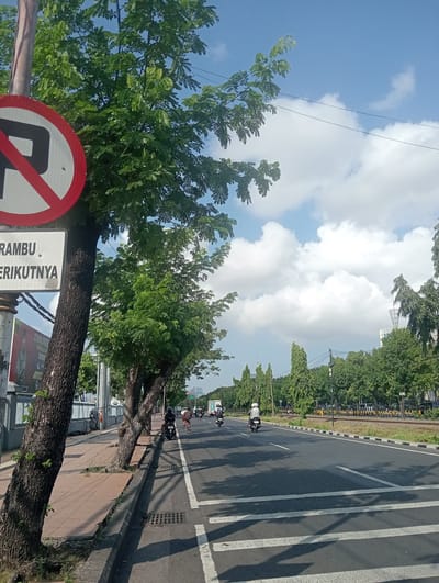 The image depicts a street scene in Surabaya, East Java, Indonesia. A traffic sign, likely a "no parking" sign with a red circle and a diagonal red line over a black "P", is visible on the left side of the frame, attached to a pole. Below it, a white rectangular sign reads "RAMBU" and "ERIKUTNYA". A large tree with dense green foliage stands prominently in the foreground, casting shadows on the sidewalk. The sidewalk itself is paved with reddish-brown tiles and bordered by a concrete curb. A road runs parallel to the sidewalk, with multiple lanes and white lane markings. Several motorcycles and their riders are navigating the road. In the background, more trees line the street, creating a green canopy, and a few buildings and structures are visible. The sky is blue with scattered white clouds. The overall atmosphere suggests a typical day in an urban environment in Surabaya.