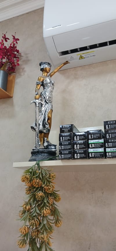 In an indoor setting, an air conditioner unit is mounted high on a textured wall. Below the air conditioner, a statue of Lady Justice, with her eyes blindfolded and holding a sword and scales, stands on a shelf. To the right of the statue, several boxes of hair dye are stacked. To the left of the statue, a vase of red flowers is visible. In the foreground, a decorative hanging plant with yellow cone-shaped flowers drapes downwards. The image is taken from a slightly low angle, with the shelf extending across the frame. The scene appears to be a retail or salon environment, with the hair dye boxes suggesting a beauty salon. The location is not specified as Ganja City, Azerbaijan.