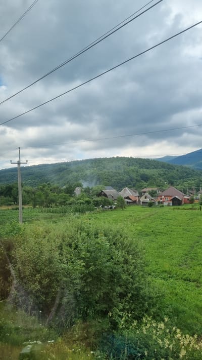 The image depicts a rural landscape in the village of Stavne, Ukraine, under a cloudy sky. In the foreground, there is dense green foliage, obscuring the lower part of the scene. A telephone pole stands on the left, with wires extending across the frame. In the mid-ground, a collection of houses with various roof styles forms a small settlement nestled against a backdrop of a lush green, tree-covered hill. Wisps of smoke are visible rising from the area around the houses, suggesting some activity like cooking or heating. The houses are of different sizes and architectural designs, indicative of a typical village setting. Beyond the village, the hill is densely forested, reaching towards the horizon where another, more distant mountain range is faintly visible. The overall impression is that of a serene, pastoral scene in a Ukrainian village.