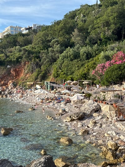 This is a sunny, eye-level outdoor, vertical shot of a rocky beach with a clear, turquoise sea on the left and a steep, verdant hillside on the right. The beach is populated with people sunbathing and wading. Several thatched umbrellas and lounge chairs are set up on the pebbly shore, with a few potted plants adding to the ambiance. In the background, modern, multi-story buildings are visible on the hillside, partially obscured by dense green foliage and some blooming pink flowers. The water is shallow near the shore, revealing rocks and the textured seabed. The scene appears to be a popular tourist spot in Rijeka Reževići, Montenegro, likely during the warmer months.