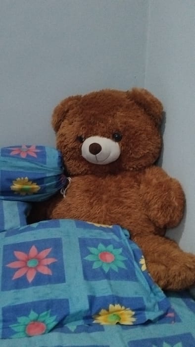 A large brown teddy bear is lying on a blue and white floral patterned bedspread in a bedroom in Panjalu, Indonesia. The bedspread is folded neatly, and the teddy bear is lying on its side with its head propped up on the pillow. The wall behind the bed is a pale blue. The teddy bear's fur is soft and plush and has a white patch around its nose and two black eyes. The bear's paws are tucked in, with one paw partially visible under the bedspread. The teddy bear is in a relaxed, peaceful position, and the scene is one of quiet and domesticity. The coordinates provided are for a location in the city of Panjalu, Indonesia. There is no human activity.