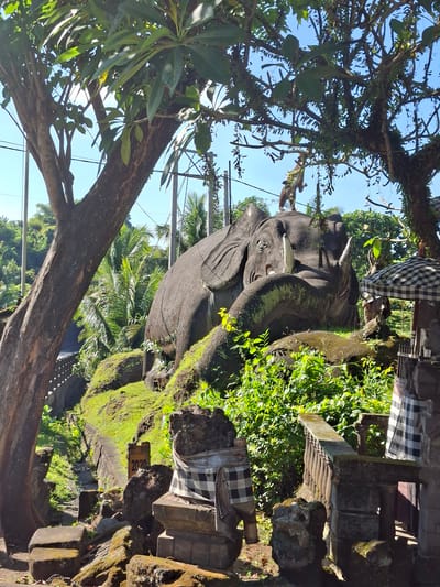 The image depicts an outdoor scene in Banjarangkan, Indonesia, featuring a large, weathered stone elephant sculpture situated on a grassy, rocky incline. The sculpture is partially covered in moss and lichen, suggesting age and exposure to the elements. In front of the elephant, a black and white checkered textile is draped over some stone structures, a common motif in Balinese culture. To the right of the elephant, a similar textile is visible on an outdoor structure with a checked umbrella. Lush green vegetation surrounds the sculpture, with palm trees and other tropical plants visible in the background. A large tree trunk is prominent in the foreground on the left side of the image. A small marker with the numbers "2020" is visible near the base of the elephant sculpture. The sky above is clear and blue, indicating a sunny day. The overall impression is one of a historic or culturally significant outdoor monument set within a natural, tropical environment.