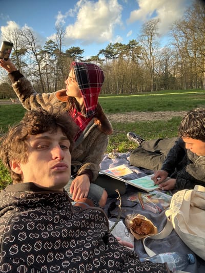 Three young adults are gathered on a grey blanket laid on a grassy field in what appears to be a park environment in Saint-Mandé, France, under a blue sky with scattered clouds, illuminated by late afternoon sunlight.
In the foreground, a male with curly brown hair and a dark hoodie patterned with light-colored stylized 'N' shapes looks towards the camera with pursed lips. Behind him, a female with dark hair, wearing a red and black plaid hooded garment under a brown faux-fur jacket and torn blue jeans, holds a black smartphone in her raised left hand, pointing it generally towards the left of the frame. To the right, a second male with dark curly hair and a dark jacket is seated, focused on drawing in a spiral-bound sketchbook with a green crayon.
On the blanket are two sketchbooks (one with colorful art, one being drawn in), a clear plastic container with assorted crayons, a brown paper bag holding golden-brown pastries, a clear plastic water bottle, sunglasses, and a light-colored tote bag. In the background, beyond the immediate picnic area, an expansive grassy field extends towards a treeline composed of mostly bare deciduous trees and some evergreen pines. A light-colored animal is visible in the distant left background. The overall lighting suggests a low sun angle.