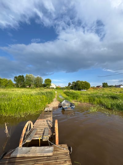 The image depicts a serene rural landscape in Sitno, Russia. In the foreground, a weathered wooden pier extends into murky brown water. A small, weathered blue boat is moored to the pier, facing away from the viewer. The pier is made of planks and has some visible signs of age and wear. Beyond the pier, a path of gravel and grass leads towards a lush green field filled with tall grass and scattered wildflowers. In the background, several houses with traditional Russian architecture are nestled amongst trees. The sky above is a mix of vibrant blue and dramatic gray clouds, hinting at a changing weather pattern. The overall impression is one of peaceful, rustic, and natural beauty.