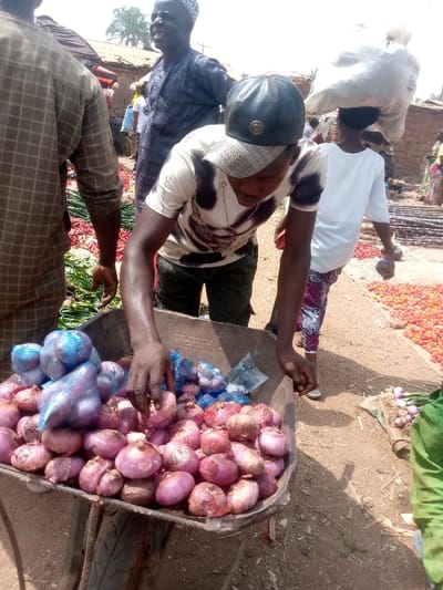 A man in a cap leans over a wheelbarrow full of red onions and bags of blue-wrapped onions. Other people are visible in the background, along with piles of produce. A woman carries a sack on her head. Vegetables, possibly tomatoes and onions, lay on the ground near the wheelbarrow. The man appears to be sorting through the onions in the wheelbarrow.