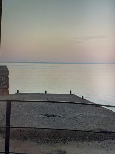 The image shows a view of the sea from a concrete structure. The sea is calm with a light horizon. In the foreground, there is a weathered concrete surface with some scattered debris. A black metal railing runs along the edge of the concrete structure, partially obscuring the view of dry vegetation and dirt below. Two dark, cylindrical objects, possibly posts, protrude from the concrete surface. To the left, a brick structure with graffiti is visible. The sky above is a gradient of pale blues and pinks, suggesting either sunrise or sunset. The location of Mirnoye, Ukraine, is not evident from the visual information in the image.