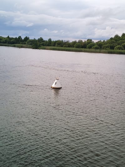 A white conical buoy with the number "9" in black is floating on the surface of a calm body of water. The buoy is positioned in the foreground, slightly off-center to the right. The water reflects the cloudy sky and the treeline visible in the background. The background consists of a dense line of green trees and reeds bordering the water. The sky is overcast with gray clouds, suggesting a muted lighting condition. The scene appears to be a natural landscape, likely a river or lake, in Kargulino, Russia.