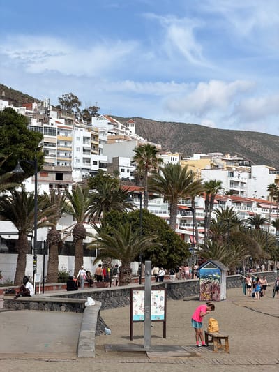 This media file captures a vibrant outdoor scene in Los Cristianos, Spain, likely a coastal promenade or beach area, under a bright blue sky with scattered wispy clouds. The image is taken during daylight hours, suggested by the clear lighting.
In the background, a large, dry, scrub-covered mountain rises, sloping down towards a densely built-up area. Numerous multi-story buildings, predominantly white with balconies, typical of a resort town, are nestled along the hillside and extend to the shoreline. Many palm trees line the scene, interspersed between the buildings and along the foreground path.
The foreground features a sandy area adjacent to a wooden boardwalk or path. Several people are present, indicating a busy, recreational atmosphere. A prominent figure is a woman in a bright pink t-shirt and patterned shorts, standing on the boardwalk while holding a phone to her ear. Next to her is a wooden bench and a yellow bag, and a small blue kiosk decorated with underwater imagery. Further along the path, groups of people are seen walking; some appear to be carrying paddleboards or surfboards. In the lower left, another individual is crouched near a concrete barrier.
A signpost is visible in the foreground with multiple informational signs, though the text is largely unreadable due to blur. However, common beach pictograms for "no smoking," "no dogs," and "no fires" are discernible, along with what appears to be "PLAYA" (beach) at the top of one sign, indicating beach regulations. The overall impression is that of a lively vacation spot.