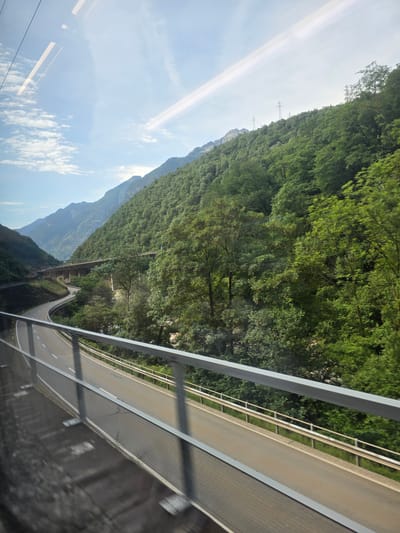 This is a photograph of a winding road through a mountainous, forested valley, taken from a moving vehicle. The road, with white lane markings, is visible in the foreground, curving to the left and then to the right. A metal railing runs along the edge of the road in the foreground, and a mesh fence is visible below it.
The valley is densely covered with green trees on both sides. In the distance, a multi-level highway overpass is visible, constructed with concrete pillars. The sky is blue with scattered white clouds and a faint contrail. Several power transmission towers are visible on the slopes of the mountains.
The image appears to have been taken in Lavorgo, Switzerland, based on the presence of similar infrastructure and scenery described in other contexts associated with the area. No people or specific actions are depicted in the image. The lighting suggests it is daytime, likely late morning or afternoon.