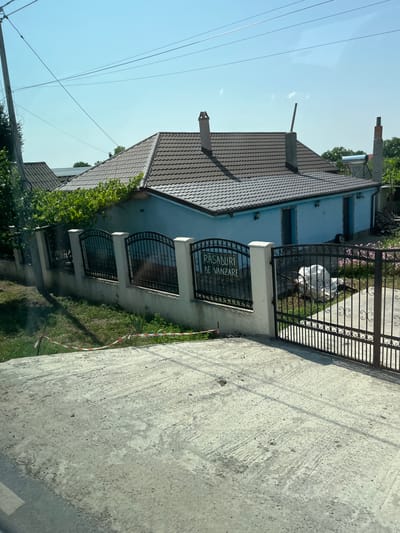 The image depicts a residential property with a light blue house and a dark brown tiled roof. The house has at least two entrances visible and two chimneys on the roof. A black wrought-iron fence with decorative elements encloses the property, featuring a gate with the text "RĂSADURI DE VÂNZARE" (Seedlings for Sale) prominently displayed on one section. The fence is supported by concrete pillars. In front of the house, there is a concrete driveway and a lawn area with some grass and a few plants. To the left of the house, a tree with green foliage is visible, and further back, other houses and trees can be seen. The sky is clear and blue, indicating a sunny day. The location is identified as Movilița, Romania.
