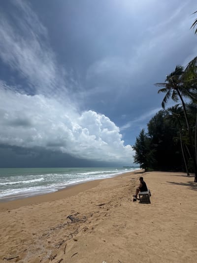 A person sits on a wooden bench on a sandy beach in Ban Khuk Khak, Thailand. The person is wearing a black t-shirt and black shorts. The beach has some debris on the sand, including driftwood. Palm trees and other foliage are visible behind the beach. The ocean is to the left of the frame, with waves rolling onto the shore. The sky is partly cloudy with dramatic storm clouds forming in the distance.