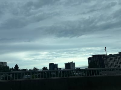 The image shows a view of a coastal city, likely Makhinjauri, Georgia, under a cloudy sky. In the foreground, a dark, out-of-focus barrier runs horizontally across the bottom of the frame. Behind this, a metal railing separates the viewer from a stretch of trees and several buildings.
The buildings in the mid-ground and background appear to be apartment complexes or hotels. Several are multi-story structures, some with visible balconies. One building on the right is a lighter color with arched windows, while others are darker, more modern designs. A construction crane is visible above one of the darker buildings on the right, suggesting ongoing development.
Behind the buildings, a body of water, likely the Black Sea, is visible, separated by a faint horizon line. The sky is filled with a thick layer of gray clouds, with lighter patches suggesting a break in the overcast. There are no people visible in the image. The overall impression is of an urban landscape near the coast on a cloudy day.