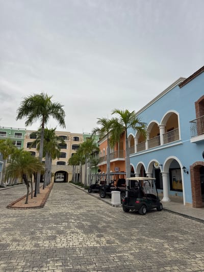 The image depicts a street scene in Higüey, Dominican Republic, characterized by colorful buildings with arched balconies and walkways. Palm trees line the cobblestone street, which is occupied by several parked golf carts. The architecture features a mix of pastel hues, including light blue, orange, yellow, and green, with white trim around windows and arches. The sky is overcast, suggesting a cloudy day. The street itself is paved with uneven cobblestones, and a planter with gravel and small palm trees is visible on the left. The buildings appear to be part of a resort or commercial area.