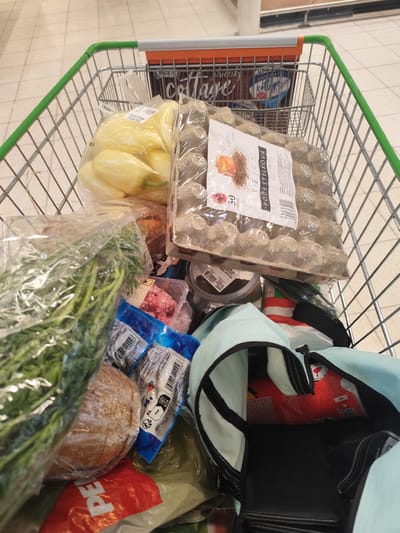 The image depicts the contents of a shopping cart, likely taken inside a supermarket. The cart is made of metal wire with green plastic-coated handles. Visible items include: a package of yellow bell peppers, a carton of eggs, a package of ground meat, a bundle of fresh herbs wrapped in plastic, a loaf of bread also in plastic, a container with a dark substance (possibly a spread or dip), and a light blue canvas bag. A red plastic bag with white lettering is also present. In the background, the tiled floor of a supermarket is visible, and parts of other shopping carts can be seen. The overall perspective is from above, looking down into the cart. This scene is consistent with a shopping trip in Jenišov, Czechia.