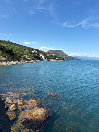 This is a landscape image of a coastline with buildings dotting a hillside and clear blue water. The image is oriented vertically, with the sky occupying the left half and the sea occupying the right half.

The left side of the image shows a bright blue sky with scattered white clouds. Below the sky, a green, tree-covered hillside rises steeply. Several buildings, with white walls and red roofs, are nestled among the trees on the hillside. A rocky shoreline separates the land from the sea.

The right side of the image is dominated by a calm, deep blue sea. The water is clear enough to see the rocky bottom and submerged rocks in some areas, particularly closer to the shore. The surface of the water is rippled, suggesting a gentle breeze.

The scene depicts a coastal town or village on a sunny day. The clear sky and bright sunlight indicate fair weather, likely midday or afternoon. The presence of vegetation and buildings suggests a populated area, possibly a residential or tourist location. The overall mood is serene and picturesque. No text is visible in the image.