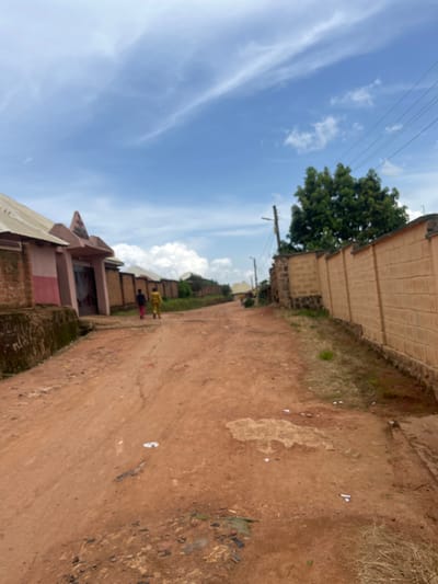 The image shows a dirt road in Gembu, Nigeria. The road is lined with buildings on the left and a brick wall on the right. Two people, one in a yellow outfit and another in a dark outfit with pink pants, are walking away from the camera down the road. The sky is blue with some clouds. There is a large green tree on the right side of the road. The scene appears to be a residential area.