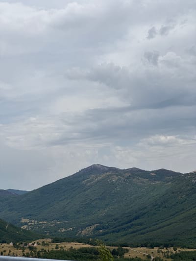 This is a landscape photograph taken in Krstata Dola, Montenegro, under an overcast sky. The image features a wide vista of rolling, forested mountains under a cloudy sky. The foreground shows a dirt road winding through a grassy area dotted with trees. In the middle ground, a valley is visible, with more trees and a few scattered buildings. The dominant feature of the image is the lush green mountains that extend to the horizon, their slopes covered in dense vegetation. The sky is filled with a layer of gray clouds, obscuring any direct sunlight.