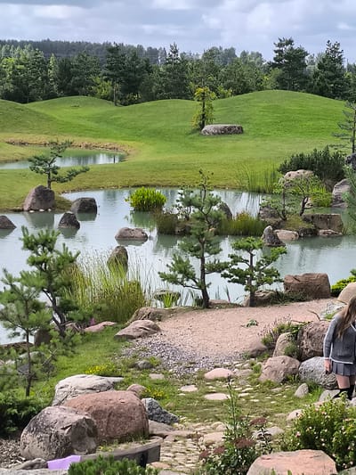 A person wearing a grey cardigan and a grey skirt with white trim walks away from the camera in a Japanese-style garden. The garden features a tranquil pond with various sized rocks and small bonsai-like trees. Rolling green hills and a dense forest form the background. The sky is overcast. The location is the Japanese Garden in the city of Mažučiai, Lithuania.