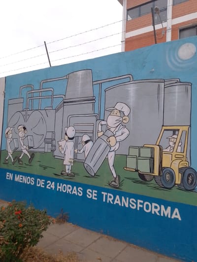 A mural is painted on a blue wall in Municipio Tarija, Bolivia. The mural depicts cartoon-style workers wearing white uniforms and masks, engaging in factory activities. Two workers carry boxes, another reviews documents, one worker hauls a large cylinder, and a forklift operator transports boxes. Industrial equipment such as tanks and pipes are shown in the background. Barbed wire is visible along the top of the wall. A red brick building is partially visible behind the mural. A bush grows at the base of the wall. The phrase "EN MENOS DE 24 HORAS SE TRANSFORMA" is painted in white on the lower portion of the mural. The ground appears to be paved. A lamppost is beside the brick building.