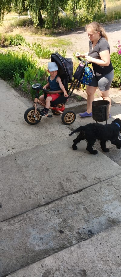 In Mala Smilianka, Ukraine, on a sunny day, a young boy wearing a blue tank top, red shorts, and a striped blue and white hat rides a tricycle. A woman, wearing a black t-shirt and grey shorts, stands behind him, holding the handle of a stroller. A black, scruffy dog walks on the concrete path to the right of the frame. The background shows green foliage and trees, with a dirt path to the left.
