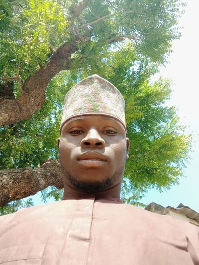 A low-angle outdoor portrait features a male subject, appearing to be in his 20s or 30s, located in Yammata, Nigeria. The individual has dark skin and a short beard, looking directly at the camera. He is wearing a multi-colored patterned kufi cap and a brown collared tunic. The background is dominated by a large tree with a thick, textured brown trunk and numerous branches covered in vibrant green leaves, extending across the upper left and central portions of the frame. A clear light blue sky is visible in the upper right. A dark, possibly corrugated, roofline of a structure is partially visible in the lower right corner. The scene is illuminated by strong, natural daylight.