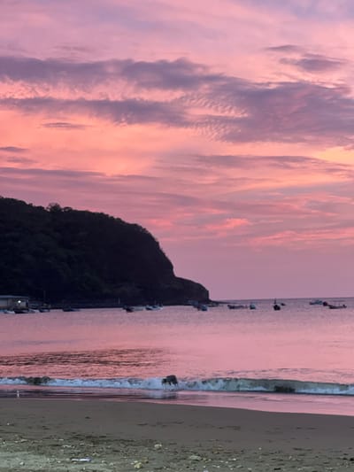 The image captures a serene sunset scene at the beach in San Juan del Sur, Nicaragua. The sky is a vibrant tapestry of pink and purple hues, with wispy clouds stretching across the horizon. The calm ocean reflects the colors of the sunset, creating a tranquil atmosphere. Several small fishing boats are moored in the water, adding to the picturesque setting. In the foreground, a dark-colored dog is wading in the shallow waves near the sandy shore. The beach is sparsely populated, with some debris scattered along the sand. The image conveys a sense of peace and natural beauty.