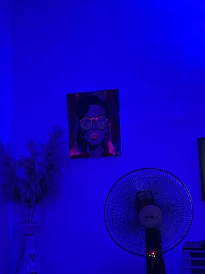 In Rumuokwuta, Nigeria, a room is illuminated by a pervasive blue light. On the wall, a framed artwork depicts a woman's face with large, pink-rimmed glasses and vibrant red lips. To the left of the artwork, a tall, ornate vase holds dried, feathery plants. In the foreground, a black oscillating fan is positioned, its circular grill prominent. The fan has a light indicating it is powered on. The overall environment suggests a dimly lit, possibly nocturnal setting.