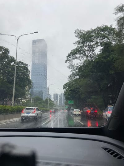A view from inside a vehicle on a rainy day in Luohu District, China. The windshield is wet with raindrops, distorting the view of the city outside. A tall, modern glass skyscraper dominates the skyline in the background, with Chinese characters visible on its facade. In the foreground, several cars are driving on a wet road. The traffic appears to be moving slowly, possibly due to the rain. Green trees line the side of the road, and there are streetlights and other urban infrastructure visible. The sky is overcast and grey, typical of rainy weather.
