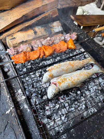 Two whole trout, seasoned with a reddish-orange spice blend, are grilling on a black metal rack over glowing charcoal. Above the trout, two skewers of meat are being grilled. The top skewer holds pieces of unseasoned, raw beef. The skewer below it holds pieces of meat marinated in a bright orange-red sauce. In the background, a pile of split logs is stacked to the left, with smoke rising from the fire. A wooden cutting board rests on a stone surface to the right. The scene appears to be an outdoor cooking area, possibly in Mazeri, Georgia, judging by the rustic setting and the type of food being prepared.