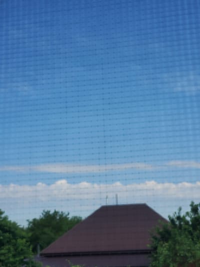 The image depicts a view through a screen or window grid, showing a blue sky with scattered white clouds. In the lower portion of the image, the roof of a house, which appears to be dark brown or reddish-brown and tiled, is visible. There is a chimney or vent pipe protruding from the roof. Lush green trees surround the house. The scene appears to be an outdoor residential area, likely in Stopyatyy, Russia, given the context. There are no people or animals visible in the image.