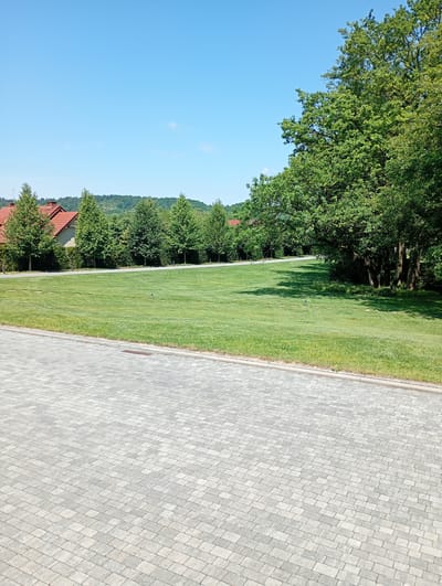 The image shows a paved area in the foreground, constructed with grey interlocking pavers, leading to a well-maintained green lawn. The lawn is bordered by a thin strip of grass and then a road. Beyond the road, a line of manicured trees stands in front of several houses with red roofs. Further in the background, a lush green, tree-covered hill rises under a clear blue sky. A large, mature tree with dense foliage is prominently visible on the right side of the image, casting shadows on the lawn. The scene appears to be a residential area, possibly a park or a well-kept garden in or near Nowa Wieś Szlachecka, Poland. There are no people visible in the image.