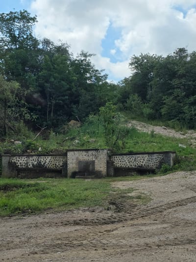 The image depicts an outdoor scene with a focus on a small, stone-built structure situated next to a dirt path. The structure appears to be a fountain or trough, with a decorative stone pattern on its sides and a square basin at the top. Lush green grass borders the structure, and beyond that, a dense forest of trees rises up a slope. The sky above is partly cloudy, with patches of blue visible between fluffy white clouds. The overall impression is of a rural or natural setting, likely in a temperate climate. The light suggests it is daytime, possibly late morning or afternoon, given the brightness and the absence of long shadows. There is no visible text in the image. The scene is peaceful and somewhat rustic, hinting at a location that is not heavily developed or urbanized. The presence of the stone structure, while weathered, suggests it has been a feature of this landscape for some time.