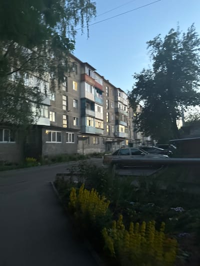The image depicts a street scene in the city of Horzhuly, Ukraine, at dusk or early morning. The main subject is a multi-story apartment building with a grey facade and balconies. Some windows are lit, indicating interior illumination. Trees with foliage are visible in the foreground and to the right of the building, partially obscuring it. A paved street runs along the left side of the frame, and a sidewalk with some greenery and yellow flowers is present to the right of the street. Several cars are parked on the street in front of the building. The sky above is a clear blue. The overall impression is that of a residential urban environment.