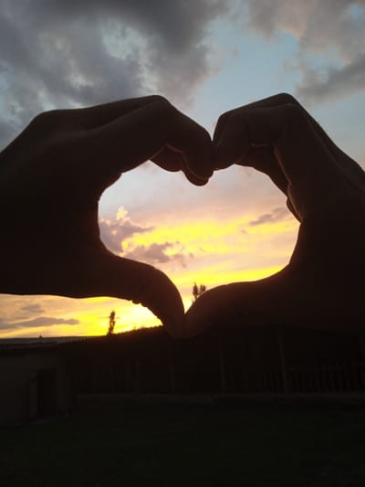 The image captures a silhouetted scene at dusk, with two hands forming a heart shape in the foreground. The hands are positioned against a backdrop of a dramatic sunset. The sky is filled with a gradient of colors, transitioning from a bright yellow and orange near the horizon to deeper blues and grays towards the top, with scattered clouds.
Behind the hands and the sunset, a silhouetted landscape is visible. It appears to be a rural or semi-rural setting with a long, low building or structure. The roofline of this structure is distinct, and there are dark, vertical elements that could be fence posts or architectural features. A single, slender tree or tall shrub stands silhouetted in the middle ground. The ground in front of the structure is dark and appears to be covered in grass.
The time of day is clearly sunset, given the vibrant colors in the sky and the silhouetted nature of the subjects and landscape. The weather appears to be clear enough for a sunset, though the presence of clouds adds to the visual interest of the sky. The overall mood evoked by the image is one of warmth, romance, or connection, suggested by the heart shape formed by the hands. No text is visible in the image. The location context provided is Taran-Bazar, Kyrgyzstan.