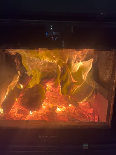 The image displays a close-up view of a wood-burning fire contained within a modern, dark-colored wood stove or fireplace insert, located in an interior setting within Wombarra, Australia. Bright yellow and orange flames intensely consume several pieces of split firewood, resting on a bed of glowing red and orange embers. The fire is viewed through a clean glass panel. Below the glass, the stove's dark metallic frame is visible, featuring the white "KALORA" brand logo with a flame icon positioned centrally. A small, metallic, rectangular handle or latch is present on the lower right section of the stove's frame. Reflections in the upper portion of the glass panel reveal indistinct light sources and dark shapes, suggesting an indoor, dimly lit environment surrounding the stove. No individuals are present in the scene.