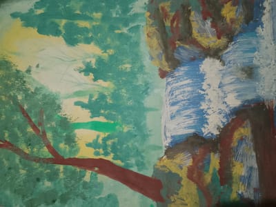 This is an abstract painting of a natural scene. The left side of the painting features a dark red tree branch extending from the lower left corner towards the center. Behind the branch, there are layers of green and yellow, suggesting foliage and possibly sunlight filtering through trees. The background on the left is a lighter shade of yellow with faint, white, brushstroke lines that could represent light or mist.
The right side of the painting depicts a waterfall with white and blue brushstrokes to represent the cascading water. The rocks surrounding the waterfall are rendered in bold strokes of brown, yellow, and dark gray, giving them a textured and somewhat rugged appearance. The overall impression is a vibrant, impressionistic interpretation of a landscape, possibly a forest with a waterfall. There are no people or man-made structures visible in the painting.
The image does not provide any information or context that would allow for an identification of the specific location within the city of Абалак, Russia.
