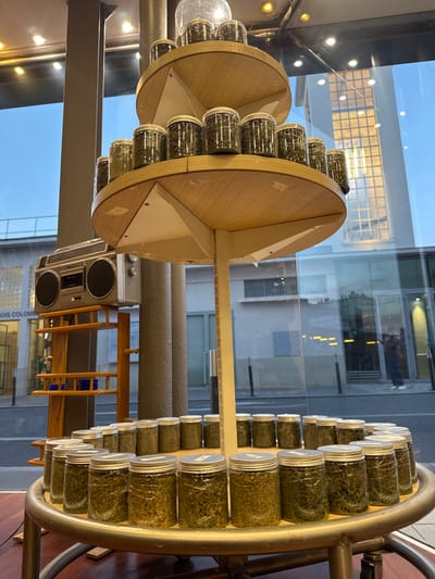 The scene depicts an interior view looking out through a large window onto a street in Bois-Colombes, France. In the foreground, a multi-tiered circular display stand occupies the center, showcasing numerous clear glass jars with silver lids, each containing green, leafy material. The stand features three tiers: a small top tier, a larger middle tier, and a substantial bottom tier encircled by a metal railing. To the left of the stand, a silver boombox radio rests on a light brown wooden shelving unit.
Beyond the window, reflections of indoor lighting are visible. The street outside shows a sidewalk, with at least one individual standing on the pavement in the mid-ground, dressed in dark trousers and a lighter top. The text "BOIS COLOMBE" is partially visible on a building across the street. In the background, a tall building with a distinctive grid pattern of windows reflects warm light, indicative of either sunrise or sunset. The sky is clear and light blue. Other buildings and street elements are visible, suggesting an urban environment. No direct actions or interactions are discernible.