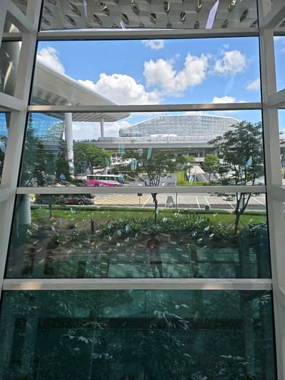 The image captures a view through a modern building's glass facade, overlooking an outdoor area in Bao'an District, China. The foreground features reflections on the glass, partially obscuring the view of lush green plants and trees. Beyond the plants, a road is visible with parked cars and a distinctive pink and white bus. In the midground, a large, contemporary building with a curved roof and extensive glass windows dominates the scene, with trees and a walkway leading up to it. Further in the background, another large, modern structure with a terraced facade is visible under a bright blue sky dotted with white clouds. The overall environment appears to be a well-maintained urban area with significant architectural elements.