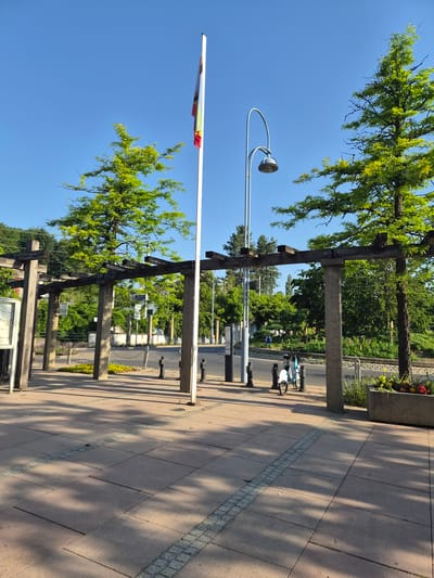 The image depicts a sunny outdoor scene in the city of Sanem, Luxembourg. In the foreground, a paved area with square tiles and decorative stone borders is visible. A wooden pergola structure with concrete pillars supports a slatted wooden roof. To the left of the pergola, a bulletin board is mounted on a pillar.
A tall flagpole with a flag displaying red, yellow, and green stripes stands prominently to the right of the pergola. Beside the flagpole, a modern street lamp with a curved arm and a dome-shaped light fixture is present. Two trees with vibrant green foliage frame the scene on either side of the pergola, casting shadows on the ground.
In the middle ground, a street runs parallel to the paved area. A light blue bicycle is parked on the sidewalk. Beyond the street, lush green trees and vegetation form a dense backdrop, with some buildings visible through the foliage. A concrete planter filled with colorful flowers adds a touch of decoration to the right side of the image. The sky is clear and blue.