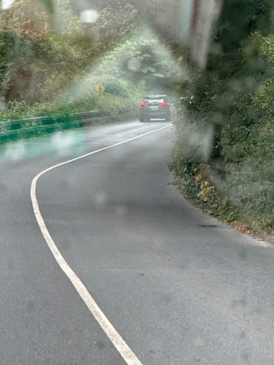 The image depicts a winding road bordered by lush green vegetation and trees. A dark-colored SUV is visible in the distance, driving along the road. The road has a white line marking its edge, curving to the left. A yellow traffic sign with a black symbol is placed on the side of the road, partially obscured by foliage. The scene appears to be a rural or semi-rural setting. The presence of a road, vegetation, and a vehicle suggests an outdoor environment. The overall lighting suggests it is daytime.