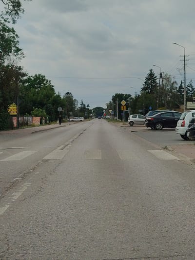 A slightly overcast, daytime, exterior, eye-level, medium shot shows a two-lane asphalt road in Czosnów, Poland, with a crosswalk in the foreground. The road is cracked and has white dashed lines marking the lanes. To the left of the road is a sidewalk with a few posters on a fence, trees, and a person walking away from the camera with a bag. To the right of the road, parked cars are visible. In the distance, the road continues to curve out of sight, lined by trees and streetlights, and power lines are strung overhead.