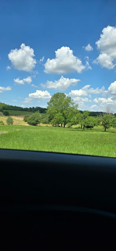 This is a photograph taken from inside a vehicle, looking out at a rural landscape under a bright blue sky dotted with fluffy white clouds. The foreground is dominated by a dark, blurred silhouette, likely the interior of the car. Beyond this, a vibrant green, slightly undulating grassy field stretches out. In the mid-ground, a line of deciduous trees with lush green foliage stands, casting soft shadows on the grass. Further back, more trees and rolling hills covered in greenery form the background. The sky is clear and sunny, suggesting a pleasant day. The image does not contain any discernible elements that would allow for the specific location within the city of Villing, France, to be identified.