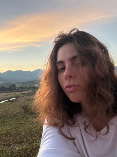 The image presents a forensic-style selfie of a female individual in the foreground, set against a natural landscape, asserted to be in Ban Mae Ping, Thailand, during golden hour. The individual, appearing to be a young adult, has medium-long, wavy, light brown hair, which is somewhat disheveled and exhibits warm highlights on her left side. Her face is positioned slightly off-center to the right, with a neutral expression and slightly parted lips. She is wearing a white long-sleeved shirt, visible on the lower right of the frame. The background features a sky with hues transitioning from light blue at the top to soft orange and pink closer to the horizon, indicative of sunrise or sunset. A range of hazy, dark mountains or hills spans the mid-ground. Below the mountains, a valley unfolds with cultivated fields in shades of green and brown, through which a narrow body of water, likely a river or canal, meanders. The immediate foreground on the left consists of a grassy slope with interspersed dry vegetation.