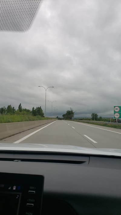 The image shows a view from a car driving on a highway. The sky is overcast with gray clouds. On the side of the road, there is green vegetation and streetlights. A sign displays speed limits of 80 and 110. The location is not specified, and therefore it is unknown if it is located in Sagholasheni, Georgia.