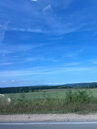 The image presents a wide-angle landscape captured on a bright, clear day, likely from a moving vehicle given the reflections visible on the left side of the frame (which would be the top when oriented correctly).

When viewed horizontally, the scene is dominated by a vast, vibrant blue sky filling the upper two-thirds of the image, featuring only a few faint, wispy white clouds. Below the sky, a distant horizon line reveals a range of undulating hills or mountains, possibly covered in trees or distant settlements, stretching across the width of the photograph.

The lower third of the image is occupied by expansive green fields, suggesting agricultural land, extending from the midground towards the distant hills. In the foreground, a grassy verge with various plants and weeds runs alongside a paved road, which occupies the far right edge of the frame. Several vibrant red poppies are scattered within this green verge and the adjacent field. The road is light gray with a clear white line marking its edge.

No specific human activity or people are visible. The time of day appears to be midday due to the bright, even lighting and lack of prominent shadows. The weather is sunny and clear. No text is visible in the image. This serene, open rural landscape is situated near Kichevo, Bulgaria.