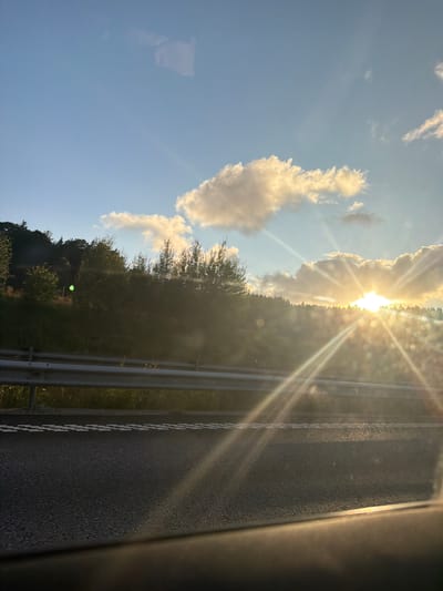 The image depicts a view from a vehicle traveling on a highway, likely Route E6, in Ödsmål, Sweden. The sun is setting, casting a warm glow across the scene and creating strong lens flares. A guardrail separates the highway from a tree-lined embankment. The sky is a clear blue with scattered, luminous clouds illuminated by the sun. The road surface is asphalt, with visible lane markings. The embankment is covered with dense vegetation, including trees and grass. No people or other vehicles are visible in the frame. The lighting suggests it is late afternoon or early evening.