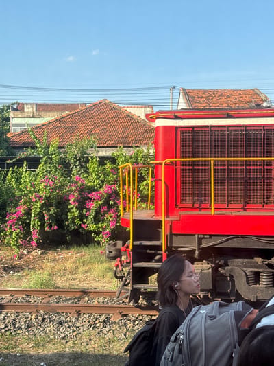 In Tuy Hoa, Vietnam, a young person with shoulder-length dark hair and round glasses is seated near train tracks. They are wearing earbuds and a black t-shirt, with their head turned to the side. In front of them are two large gray backpacks. Behind the person is the side of a red and white train engine with yellow railings and a large grilled window. The train is on a track surrounded by gravel and dry grass. In the background, there are lush green bushes with pink flowers, and behind that, several buildings with orange tiled roofs and power lines are visible against a clear blue sky.